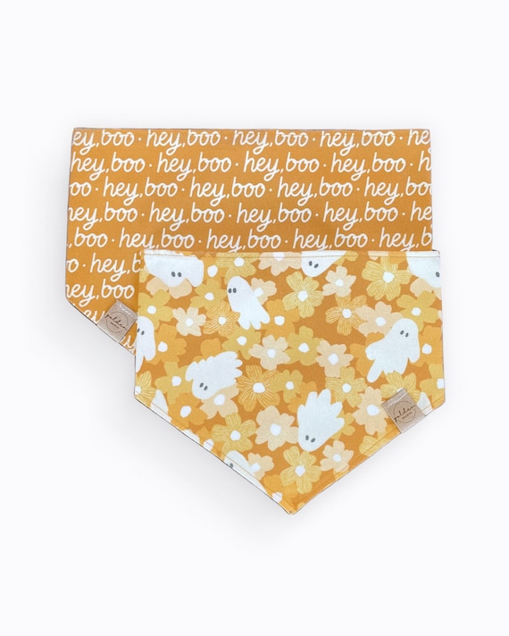 hey, boo! floral ghost snap on dog bandana | reversible orange halloween pet scarf | boho fall pup accessories