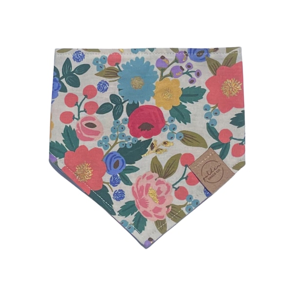 vintage blossom ∙ rifle paper co | snap on dog bandana | pink & blue floral pet scarf | gold metallic cotton dog bandana