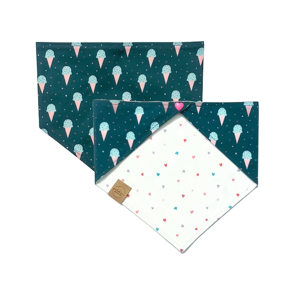 reversible! mint to be valentine's day dog bandana | teal hearts & ice cream snap on pet scarf |  white, pink, purple organic cotton sateen