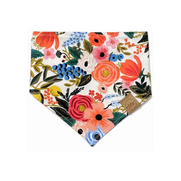 rifle paper co garden party multicolor dog bandana | bright floral snap on pet scarf | pink & blue dog bandana