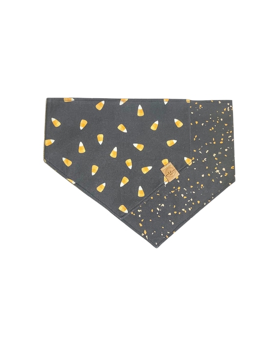 it's corn! • candy corn terrazzo snap on dog bandana | reversible orange & black halloween pet scarf | boho fall pup accessories