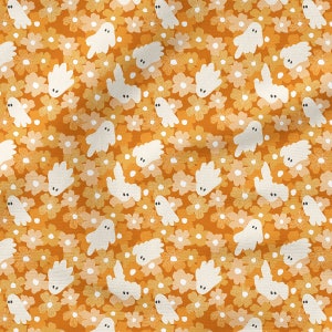 May include: A fabric pattern featuring a repeating design of small white ghosts with simple black oval eyes scattered across a background of orange and light yellow flowers with white centers. The textile has a visible woven texture throughout.