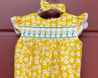 English Hand Smocked Baby Girl Romper with Matching Headband