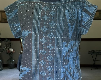 Vintage Kantha Crop Top - Upcycled Boho Summer Festival Blouse, One-of-a-kind Handmade Clothing