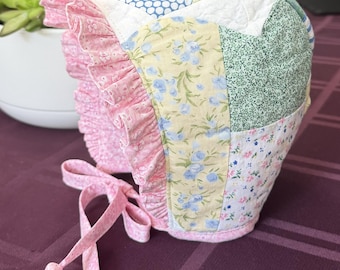 Baby Girl Bonnet- Upcycled Vintage Quilt Baby Hat-Reversible Infant Bonnet (6-12 Months)