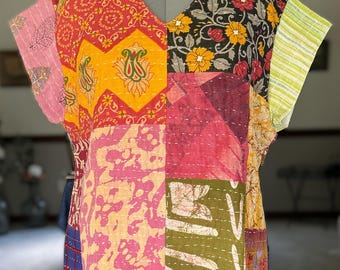 Vintage Kantha Patchwork Top – Upcycled Kantha Clothing – Boho Summer Festival Top – One‑of‑a‑Kind Handmade Kantha Blouse