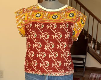 Vintage Kantha Crop Top-Upcycled Boho Summer Festival Blouse, One-of-a-kind Handmade Clothing