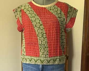 Vintage Kantha Crop Top - Upcycled Boho Summer Festival Blouse, One-of-a-Kind Handmade Clothing