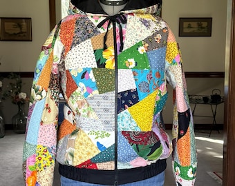 Unique Old Crazy Quilt Patchwork Bomber Jacket with Hood