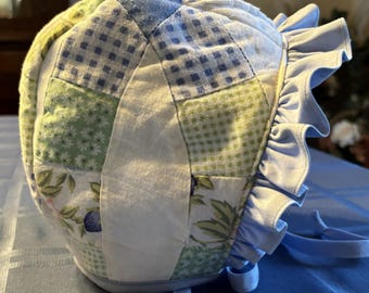 Baby Girl Bonnet=Upcycled Vintage Quilt Baby Hat-Reversible Infant Bonnet (6-12 Months)