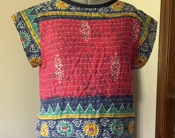 Vintage Kantha Crop Top - Upcycled Boho Summer Festival Blouse, One-of-a-Kind Handmade Clothing
