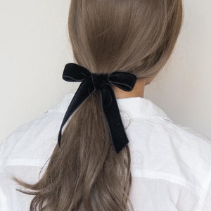 Petit Black Velvet Bow Barrette Long Tails Gift for Friend Bow Lover Gift Set for Girl Luxury Double Sided Velvet Bow Gift Custom | Emma Bow