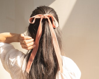 Double Sided Velvet Long Bow Barrette Pony Hook | Velvet Bow with Tails | Dusty Pink Emma Bow