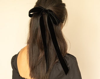 Black Velvet Long Bow Barrette Pony Hook Bow | Double Sided Velvet Bow with Tails |  Emma Bow