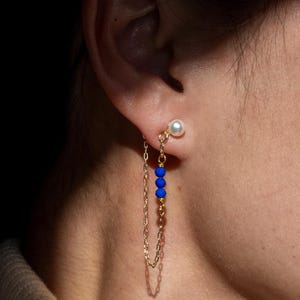 Lapis Lazuli Pearl Dangling Chain Earring Blue Gemstone Earrings 14k Gold Chain Minimalist Earring Lazurite Birthstone Personalized Gift