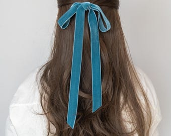 Serene Blue Velvet Long Bow Barrette | Luxury Double Sided Velvet Bow with Tails | Emma Bow Holiday Edition | Monogrammed Gift for Her