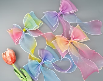 Pastel Rainbow Organza Hair Bow | Sheer Long Tails Hair Clip Summer Kids Girl