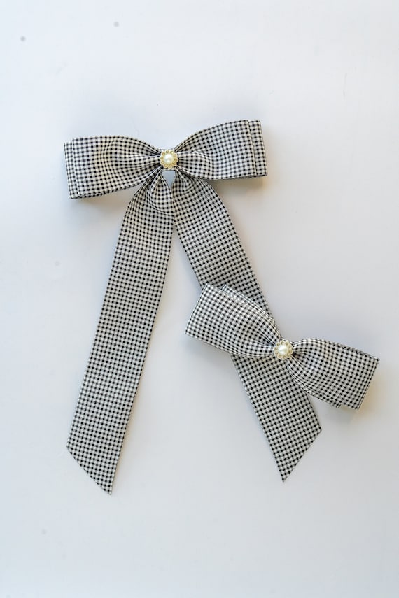 Gingham Hair Bow | Long Riley Bow with Tails | Preppy Style | Back to School | Custom Fasteners