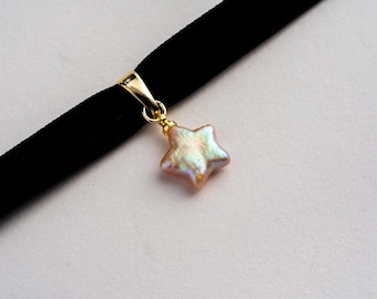 Slim Black Velvet Choker w/ Star Pearl 14K Gold Plated Pearl Choker Y2K Gift for Her Pearl Necklace Gothic Choker Gothic Style Choker