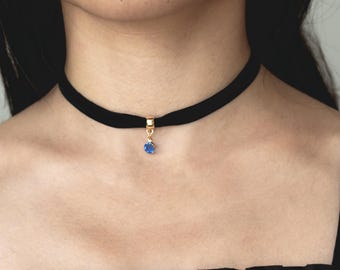 Slim Black Velvet Choker Swarovski Birthstone  | 14K Gold Plated Crystal Choker | Y2K | Gift for Her | Gothic Choker | Made to Order