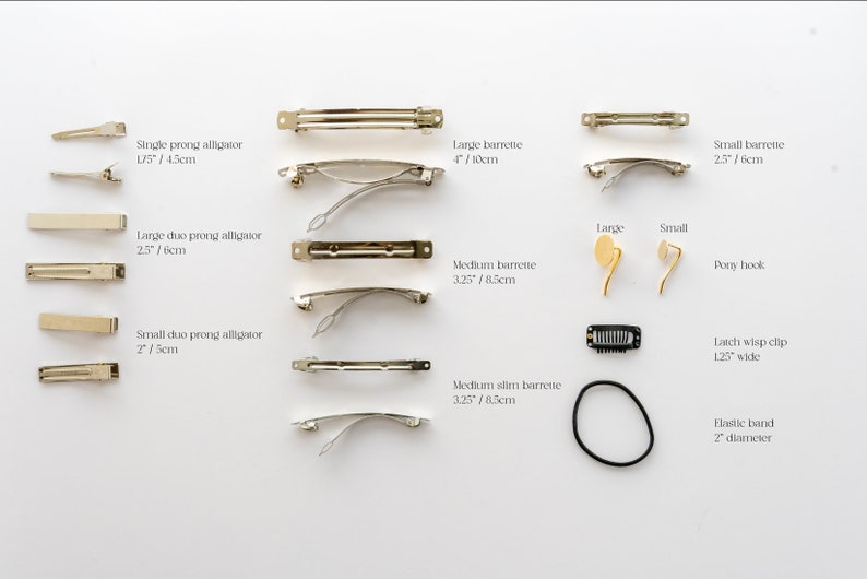 May include: Assortment of hair clips and accessories in gold and black.  Includes single prong alligator clips, large duo prong alligator clips, small duo prong alligator clips, large barrettes, medium barrettes, medium slim barrettes, small barrettes, pony hooks, latch wisp clips, and elastic bands.  Measurements are included in inches and centimeters.