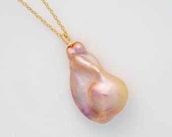 Rare Pink Baroque Necklace Adjustable Length Pale Pink Purple Aurora Large Baroque Jewelry 14K Gold Gift For Her Elegant Necklace