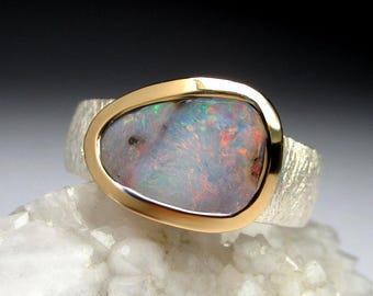 Boulder Opal Ring, 18K Gold Plated Silver, Australian Opal, Size 8.25