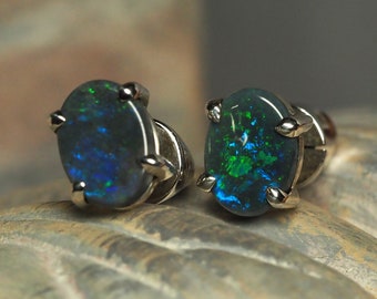 Blue Opal Stud Earrings silver, Australian opal, muttertag geschenk Fine Quality Black Opal Natural Gemstone Jewelry October Birthstone gift