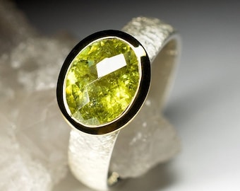 Grossular-Silberring, natürlicher grüner Granat-Edelstein, vergoldeter Ring aus Sterlingsilber, feiner Schmuck