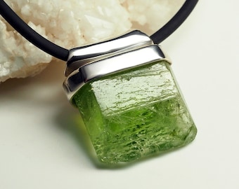 Vintage Peridot Crystal Silver Necklace on Rubber Rope Chrysolite Olivine Pendant wedding anniversary gift