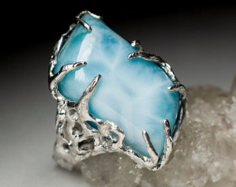 Larimar Silver Ring Freeform Opaque Gem Baby Blue Color Fantasy Style Natural Dominican Stone Unisex Healing Power Pisces Zodiac Sign Gift