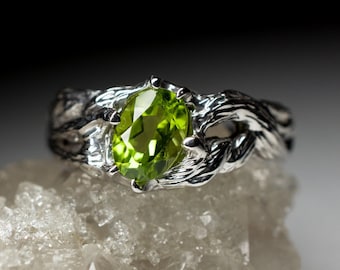 Chrysolite Silver Ring Fancy Oval Cut Peridot Bright Green Natural Chinese Gem Fantasy Band Unisex Engagement Magic Healing Virgo Sign Gift