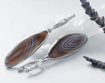 Agate Silver Long Earrings Genuine Brown Lace Agate Sterling Silver Earrings Genderless Jewelry September Birthstone Unisex Earrings