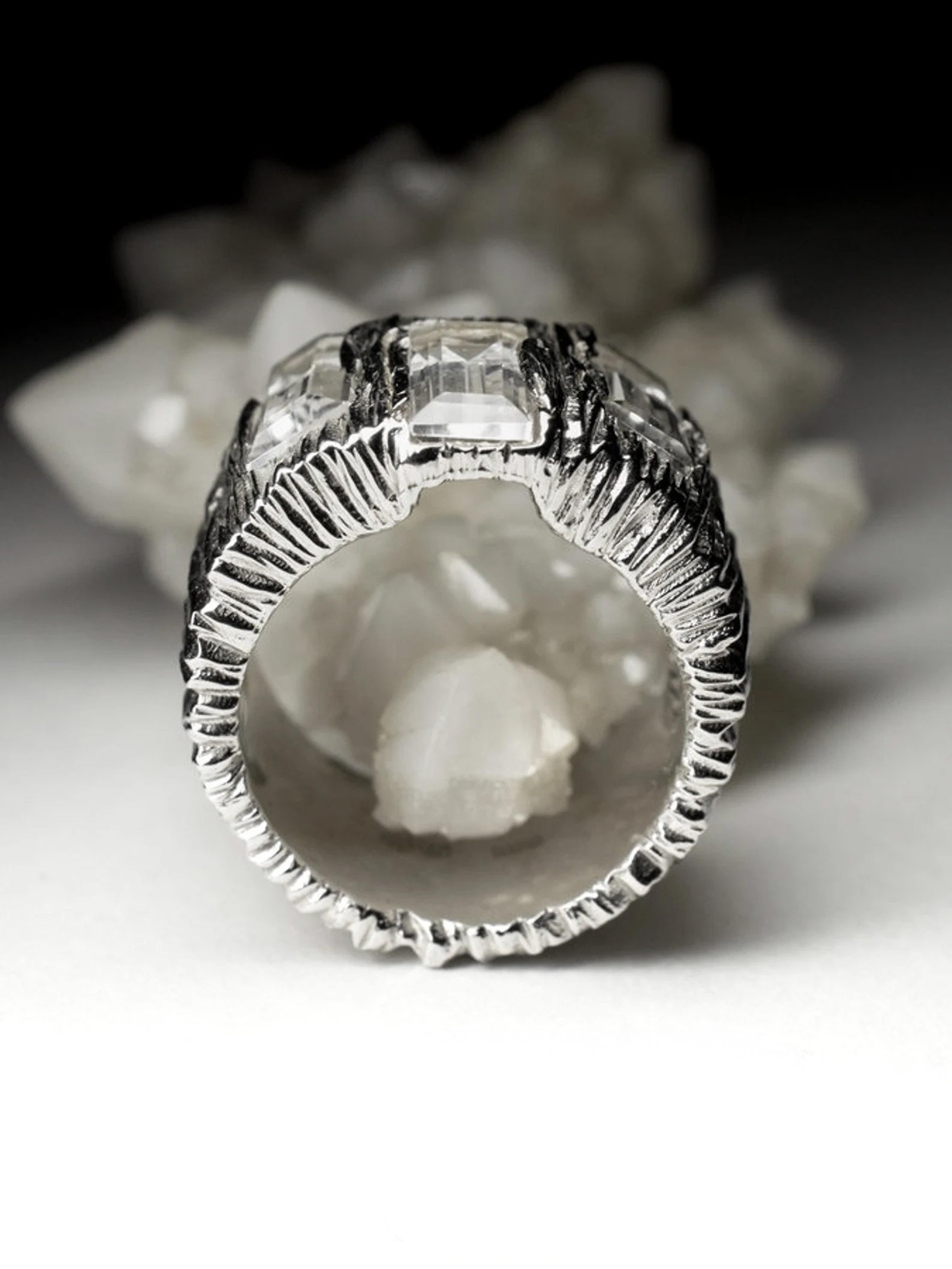Bold Rock Crystal Ring Silver Large Baguette Cut Gems Natural Brazilian ...