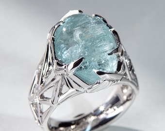 Aquamarine ring silver, Statement Blue Beryl Cabochon, Natural Gemstone Unique gift Style Unisex Jewelry Pisces Birthstone Engagement ring