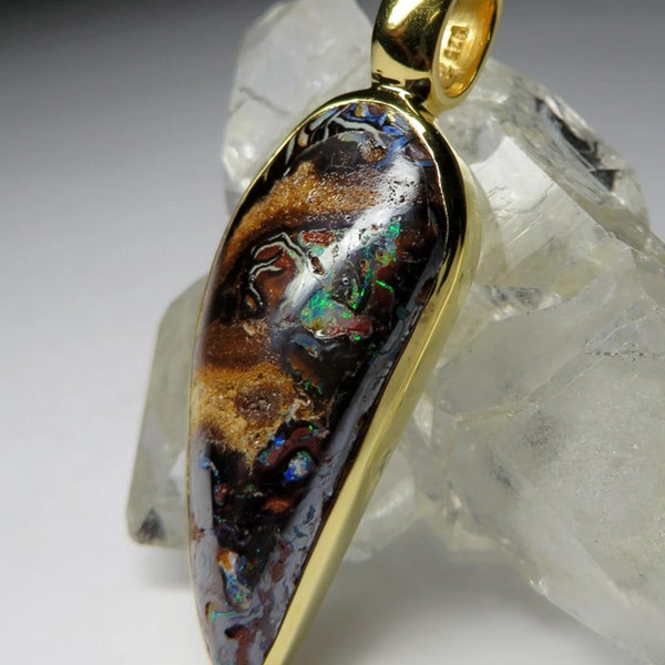 Boulder Opal Silver Pendant, Yellow Gold Plated Sterling Silver Natural Gemstone Multicolor Gem Seashell Abstract Kaleidoscope Pattern Opal