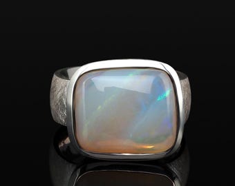 Anillo grande de ópalo australiano de cristal plateado, anillo con piedras preciosas, joyería unisex para hombre, piedra natal de octubre, regalo de San Valentín.