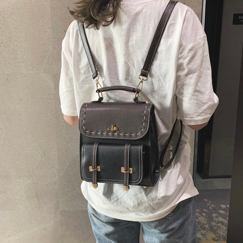 Vegan Leather Bag Bee Design Faux Leather Backpack Crossbody Etsy