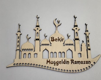 Hosgeldin Ramazan Eid Mubarak Calendrier du Ramadan personnalisé avec nom Décoration en bois Cadeau pour enfants Panneau en bois