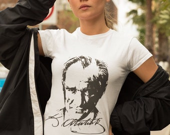 Ataturk Imza Signature Portre T-Shirt Unisex Heavy 100% Cotton Turkey Türkiye Istanbul White Beyaz