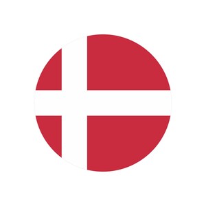 May include: A red circle with a white cross in the centre. The cross is divided into four equal parts, with the top and bottom parts being longer than the left and right parts. This is the flag of Denmark.