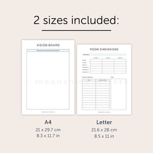 May include: Printable vision board and room dimensions planner in A4 and Letter sizes. The planner includes sections for room measurements, furniture dimensions, and notes.