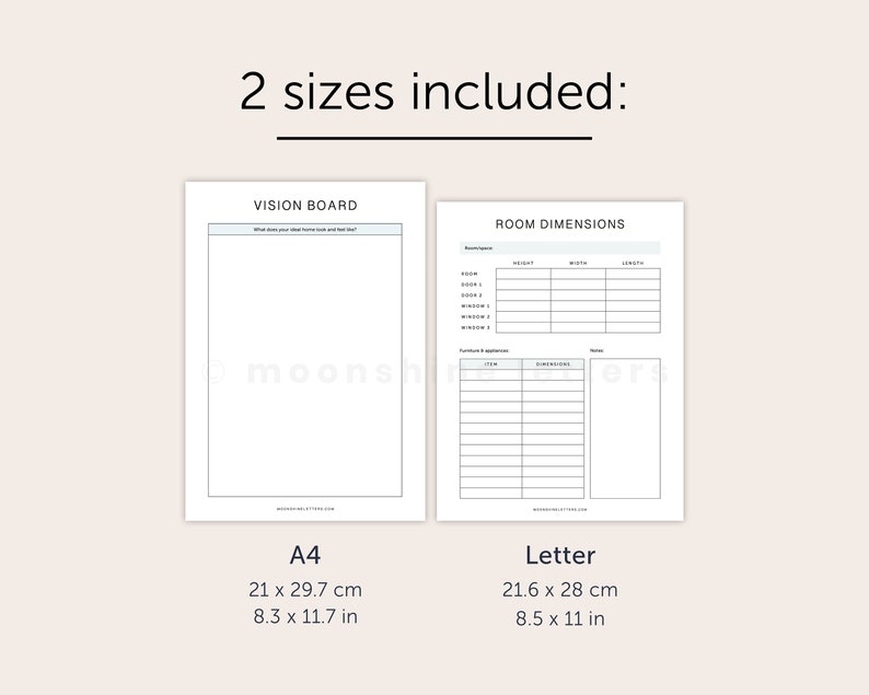 May include: Printable vision board and room dimensions planner in A4 and Letter sizes. The planner includes sections for room measurements, furniture dimensions, and notes.