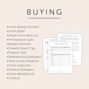 May include: A checklist for buying a home with sections for pre-approval, budget overview, home inspection, and more. The checklist is printed on white paper with black text.