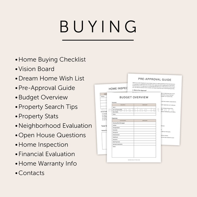 May include: A checklist for buying a home with sections for pre-approval, budget overview, home inspection, and more. The checklist is printed on white paper with black text.