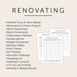 May include: A printable set of renovation planning worksheets. The worksheets include a decision maker, room renovation planner, and expenses tracker.