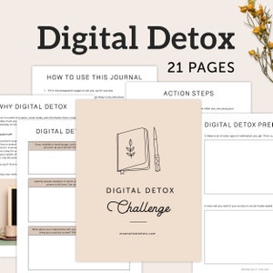 Könnte beinhalten: Ein druckbares digitales Detox-Tagebuch mit 21 Seiten. Das Tagebuch hat einen hellbraunen Hintergrund mit schwarzem Text und Illustrationen. Der Text enthält "Digital Detox Challenge" und "Action Steps".