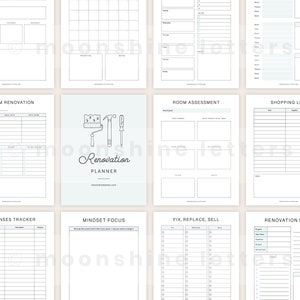 May include: A printable renovation planner with pages for room renovation, room assessment, shopping list, expenses tracker, mindset focus, fix, replace, sell, and renovation plan. The planner features a light blue background with a paint roller and hammer graphic.