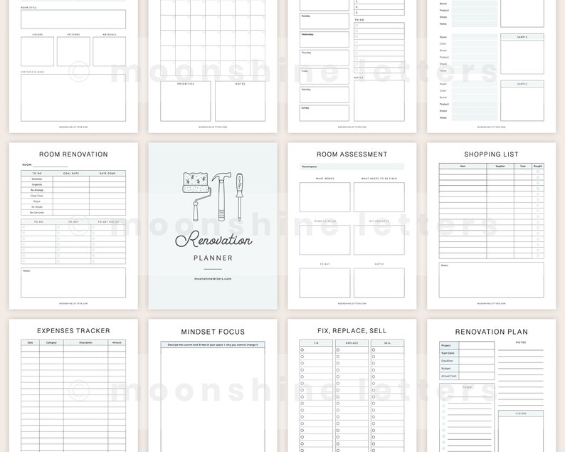 May include: A printable renovation planner with pages for room renovation, room assessment, shopping list, expenses tracker, mindset focus, fix, replace, sell, and renovation plan. The planner features a light blue background with a paint roller and hammer graphic.