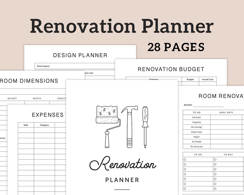 Home Renovation Planner Printable, Home Remodel Planner, Black & White